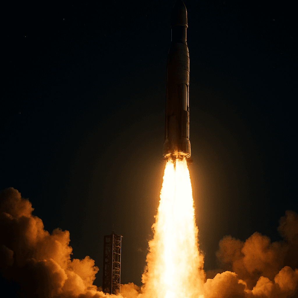 Rocket lifting off at night above a launch pad.
