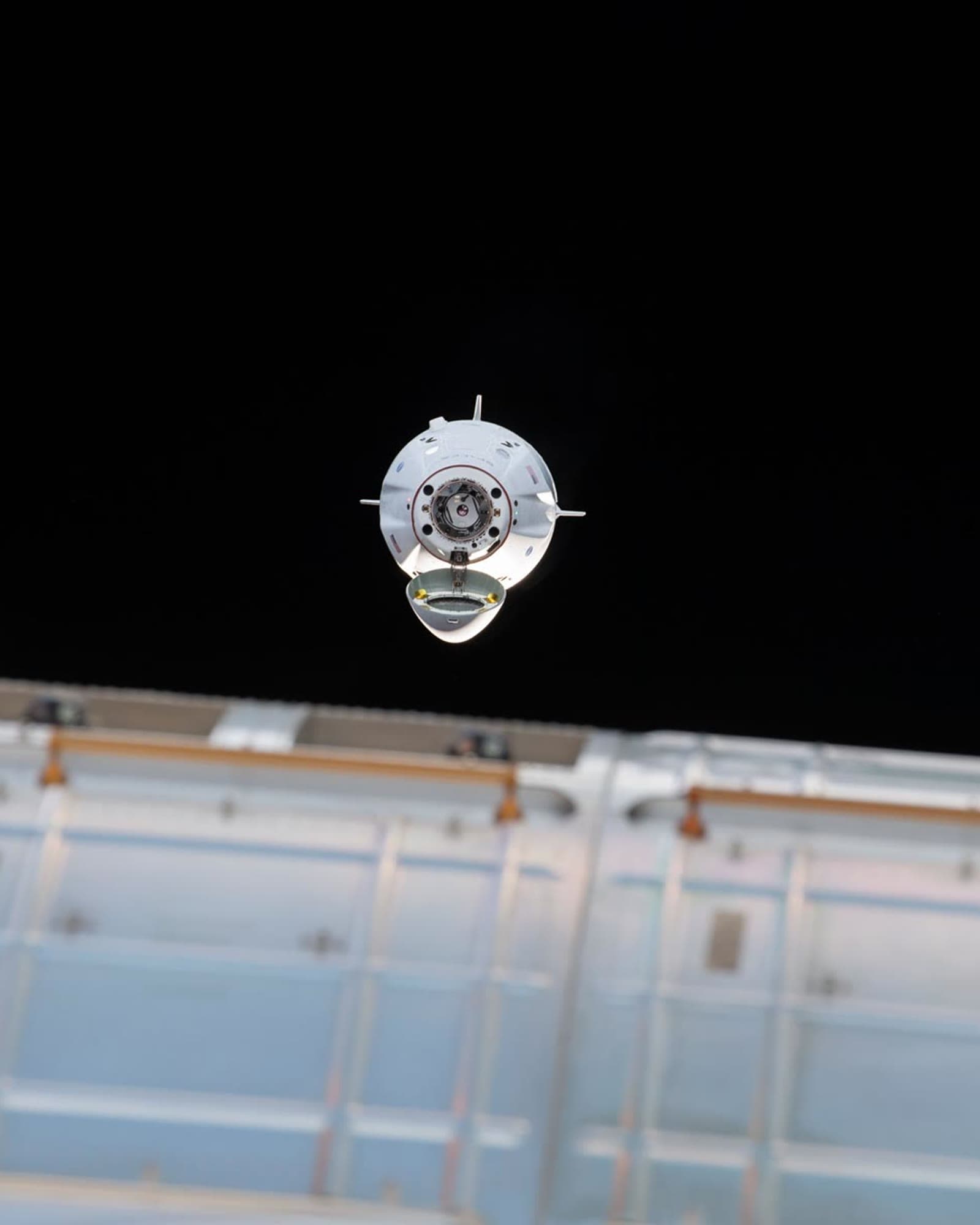 A SpaceX Dragon spacecraft docked to the International Space Station.