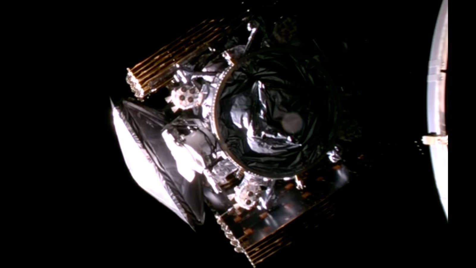 NASA's Europa Clipper spacecraft with solar arrays stowed before launch.