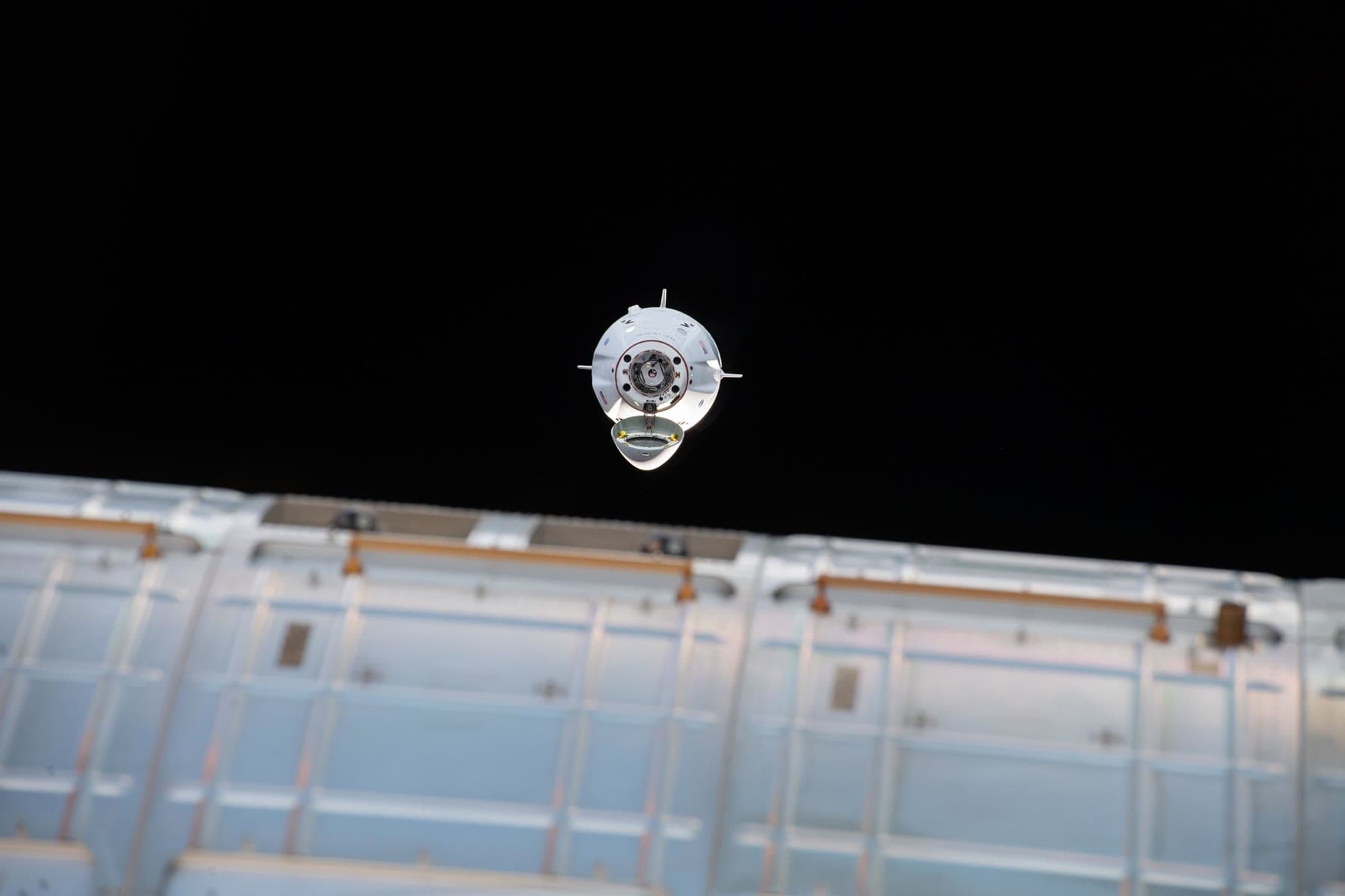 A SpaceX Dragon spacecraft docked with the International Space Station.