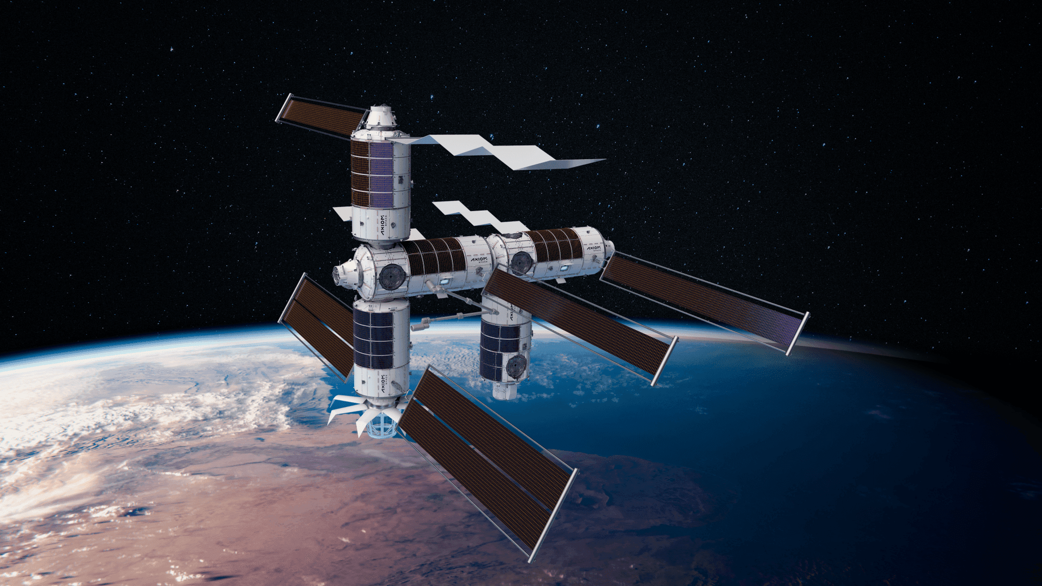 Engineering rendering of planned Axiom Station modules above Earth.