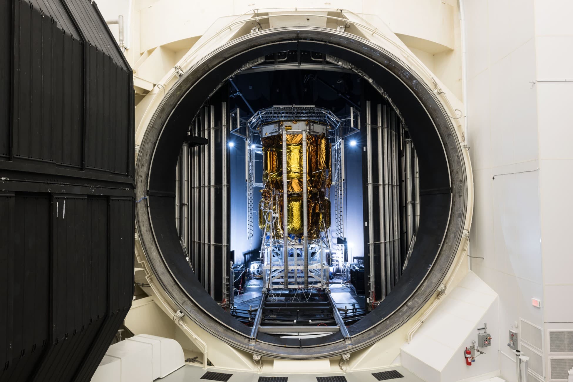Blue Origin's Blue Moon Mark 1 lunar lander inside NASA Johnson's Thermal Vacuum Chamber A.