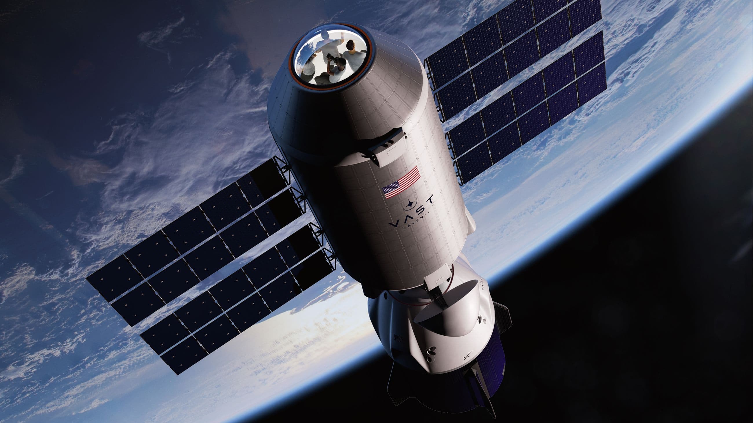 Rendering of Vast's planned Haven-1 station with a SpaceX Dragon spacecraft docked in orbit.